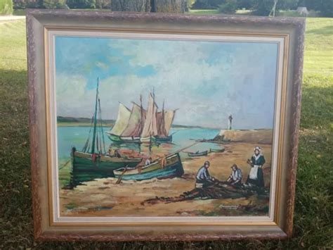 Grand Tableau Marine Huile Sur Toile Cote Normande Retour De Peche Eur