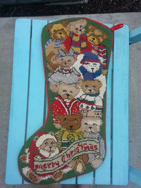 Vintage Needlepoint Teddy Bear Christmas Stocking Etsy Vintage Needlepoint Vintage Holiday