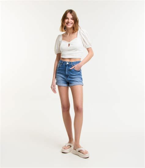 Short Hot Pants Cintura Alta Em Jeans Barra Dobrada Azul