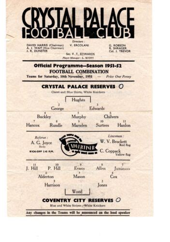 Crystal Palace V Coventry City Reserves Programme 10 11 1951 EBay