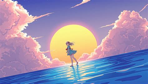 Girl Standing On Water With Giant Sun And Clouds Wallpaper,HD Artist