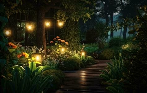 Panoramic Photo of LED Light Posts Illuminated Backyard Garden During ...