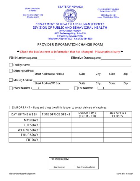 Nevada Provider Information Change Form Immunization Program Fill