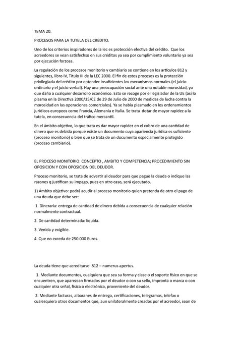 TEMA 20 Proce TEMA 20 PROCESOS PARA LA TUTELA DEL CREDITO Uno De