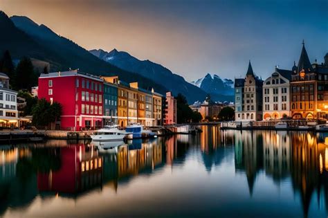 Una Ciudad De Noche Con Un Barco En El Agua Foto Premium