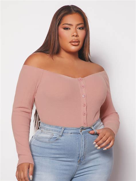 Shein Sxy Plus Off Shoulder Button Front Bodysuit