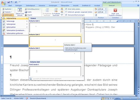 Kopfzeile und Fußzeile in Word 2010