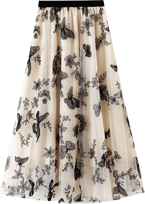 Womens Tulle Skirts High Waist Layered Floral Printed A Line Maxi Hem