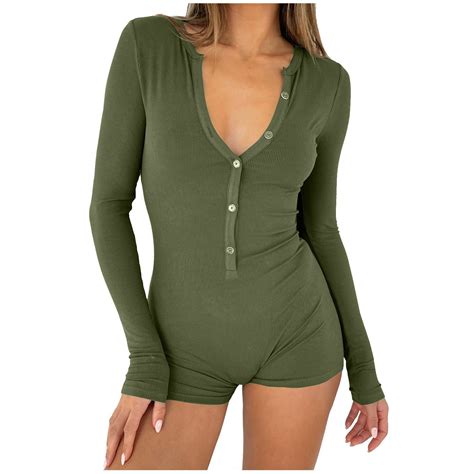 Moxiu Pajama for Women One Piece Short Romper Bodysuit Y2k V Neck Long