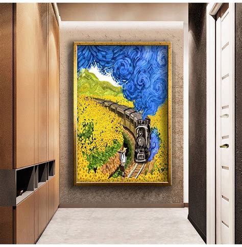 Van Gogh Train Landscape In Sunflowers Canvas Print Reproduction