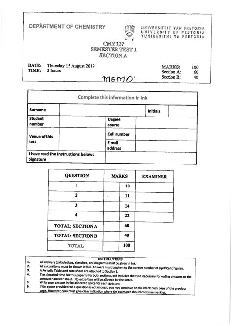 Semester Test 1 Section A 2019 CMY 127 Studocu