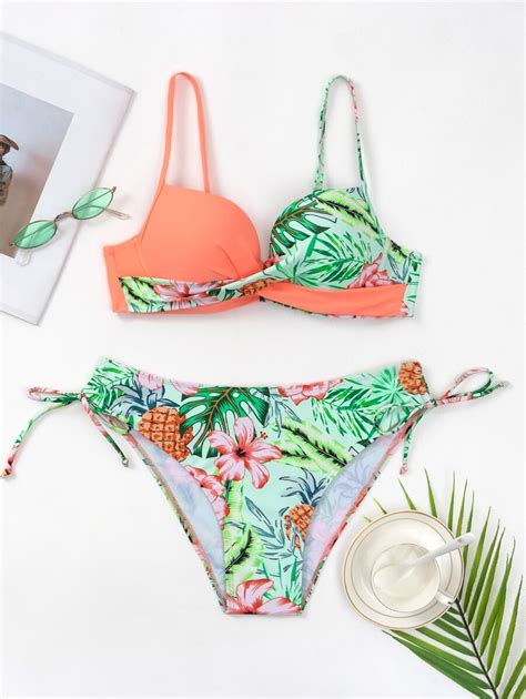 Shein Swim Tropical Print Wrap Cross Push Up Tie Side Bikini Set Summer