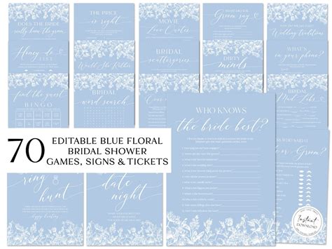 Editable Dusty Blue Bridal Shower Games Vintage Floral Bridal Shower