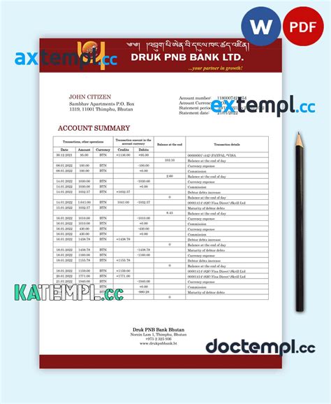 Sample Bhutan Druk PNB Bank Statement Template In Word And PDF Format