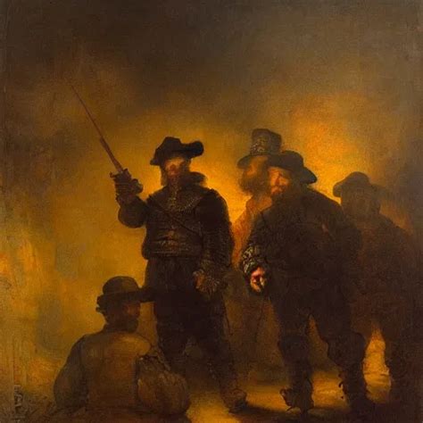 Rembrandt Painting Of Tired And Battered Soldiers Stable Diffusion