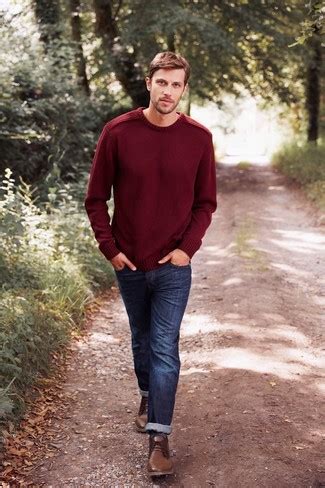 Men's Burgundy Crew-neck Sweater, Navy Jeans, Brown Leather Desert ...