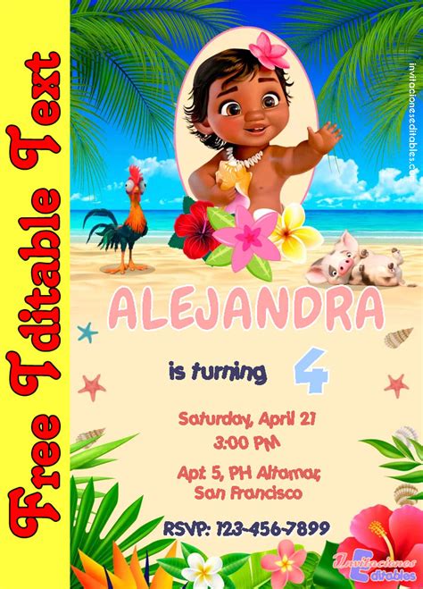 Editable Disney Princess Baby Moana Birthday Party Invitation Diy