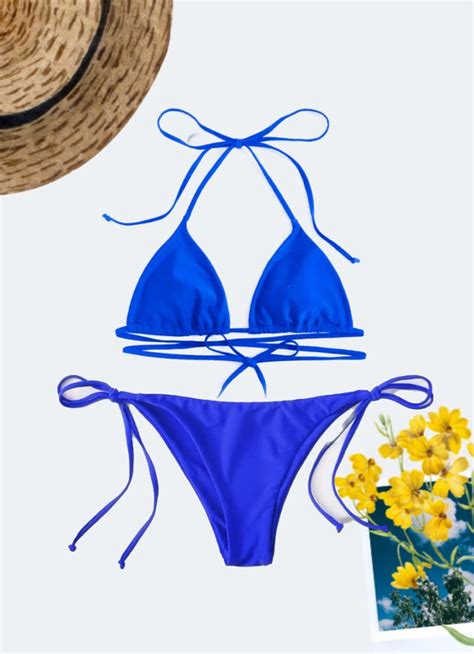 Shein Royal Blue Triangle Tie Side Bikini Swimsuit Women S Fashion