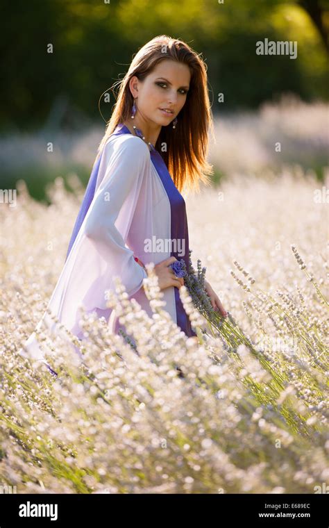 Beautiful Young Woman On Lavender Field Lavanda Girl In Early Summer