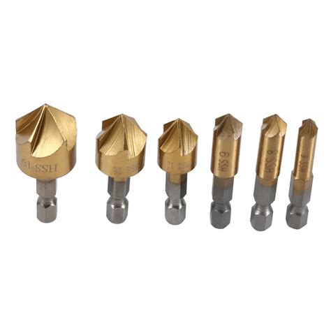 New 6Pcs Set HSS Chamfer Countersink 1 4 Hex Shank 90 Degree Wood