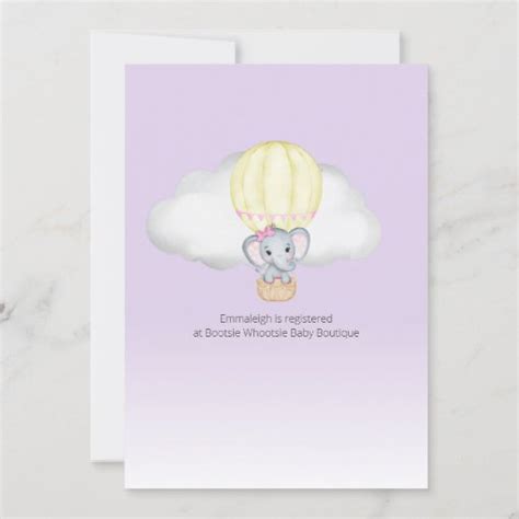 Elephant Hot Air Balloon Girl Baby Shower Purple Invitation Zazzle