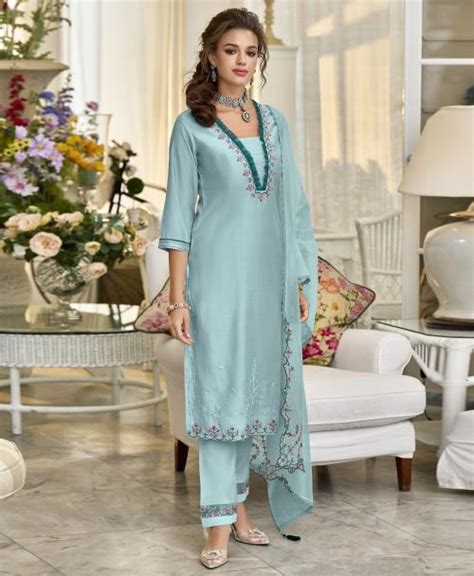 Buy Mojilaa Women S Sky Blue Viscose Silk Embroidered Kurta With Pant