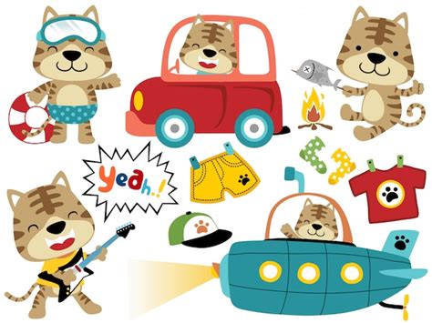 Premium Vector | Vector set of cat cartoon with its toys, funny cat ...