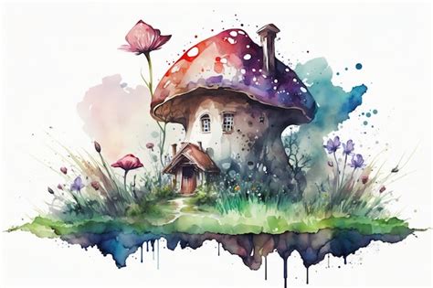 Uma Pintura Em Aquarela De Uma Casa De Cogumelo Foto Premium