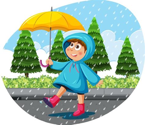 A Girl Wearing Raincoat Holding Umbrella In A Rain Vector Art