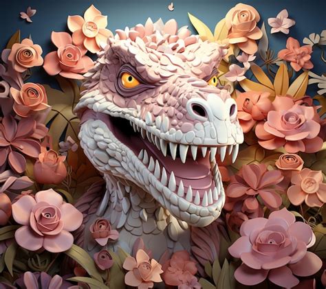 Hay Una Escultura De Papel De Un Dinosaurio Con Flores En El Fondo Ai