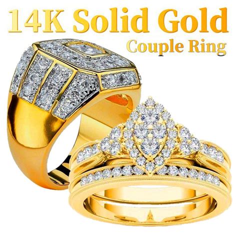 Luxury 14K Gold Romantic Couple Diamond Rings Set Her and His Eternal ...