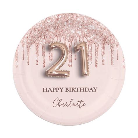 21st Birthday Rose Gold Glitter Pink Balloon Style Paper Plates