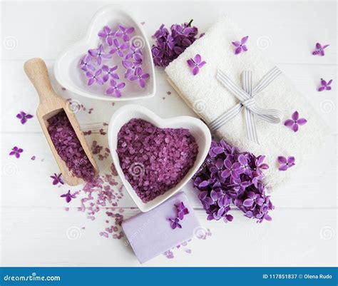 Spa Towel And Massage Products With Lilac Flowers Stock Image Image