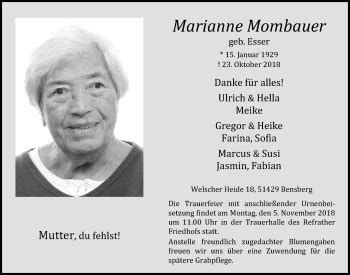 Traueranzeigen Von Marianne Mombauer Wirtrauern