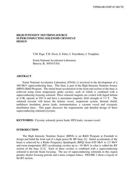 Pdf High Intensity Neutrino Source Superconducting Solenoid Cryostat