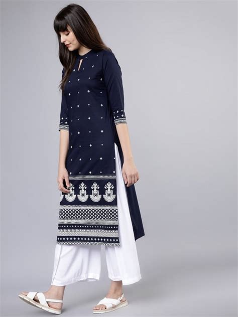 Buy Vishudh Navy Blue Ethnic Motifs Printed Straight Kurta For Women