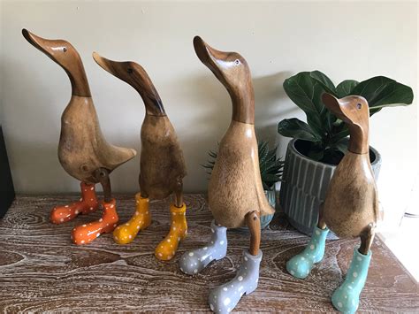 Hand Carved Wooden Duck Orange Wellies 40cm Bamboo Indoor Etsy Uk