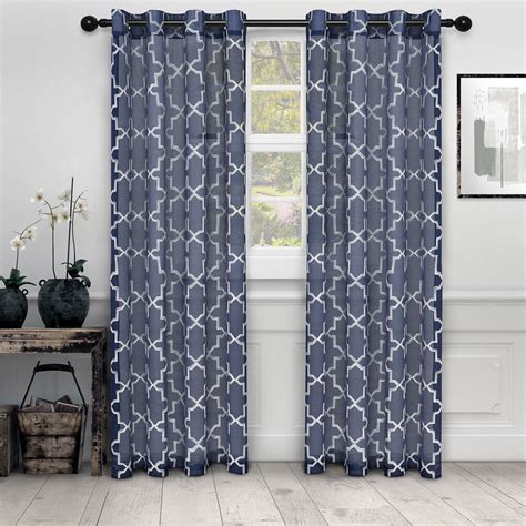 Quatrefoil Diffused Light Printed Semi Sheer Curtain Set Navy Blue 52