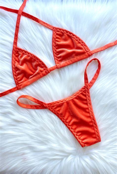 Orange Bikini Velvet Stripper Outfits Stripper Lingerie Teeny Tiny Bikini Exotic Dancewear
