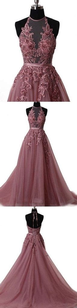 A Line Halter Neck Lace Prom Dress With Sweep Train Backless Formal D