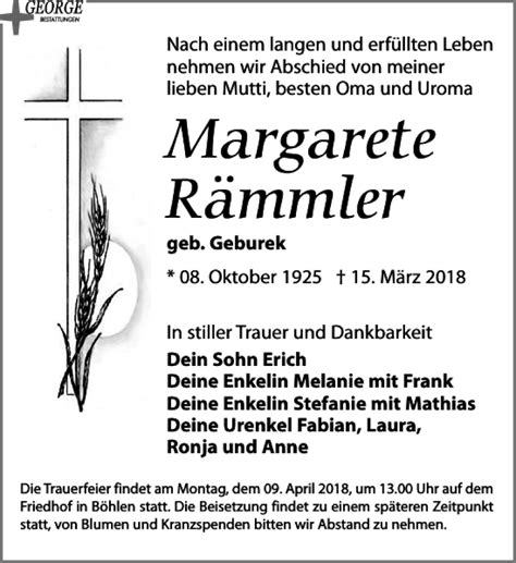 Traueranzeigen Von Margarete R Mmler Trauer Anzeigen De