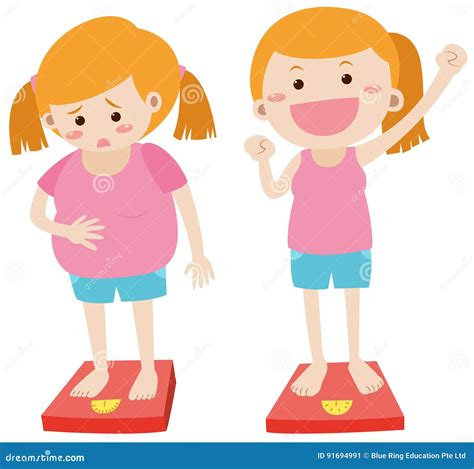 Losing Weight Theme With Fat And Thin Girl Stock Vector Illustration