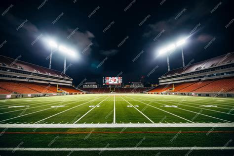 Premium AI Image | Football stadium at night with lights and grass ...