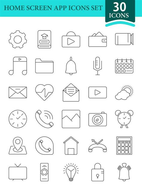 Home Screen App Icons Or Symbol Set In Black Stroke. 24935606 Vector ...