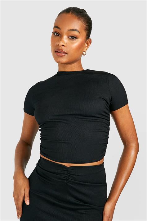 Black Tall Rib Crew Neck Ruched Side Crop Top Boohoo Uk