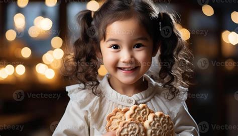 Ai Generated Cute Girl Smiling Holding A Cookie Looking At Camera