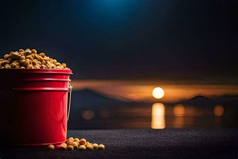 A Bucket Of Soybeans On A Table With A Full Moon In The Background AI