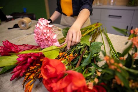 Florista Escolhendo Flores Para Ramos Em Floricultura Foto De Stock