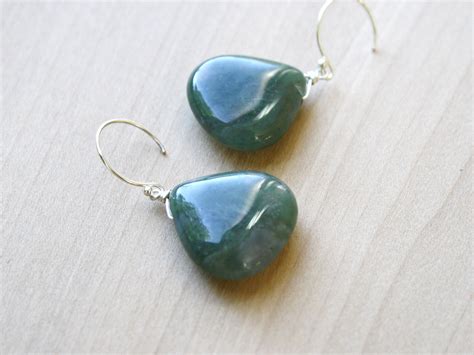 Moss Agate Earrings Green Large Gemstone Earrings Dangle Etsy