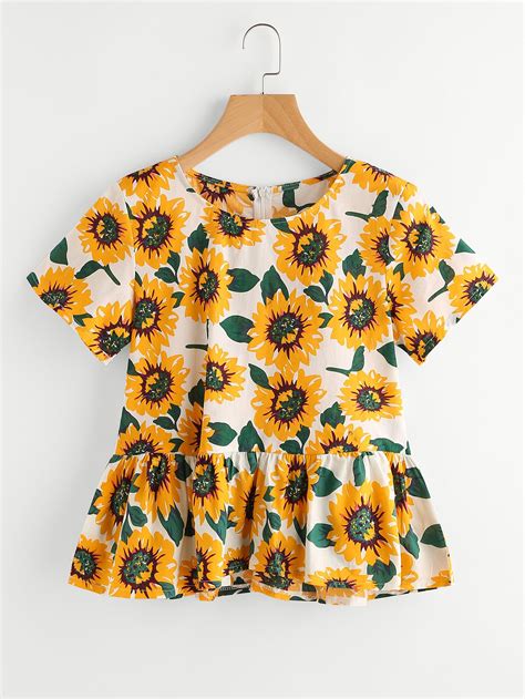 Sunflower Print Random Frill Hem Blouse Fashion Clothes Clothes Design